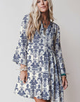 Boho Floral Lettuce Trim 3/4 Sleeve Mini Dress