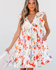 Floral Double Ruffle Sleeve V-Neck Mini Dress