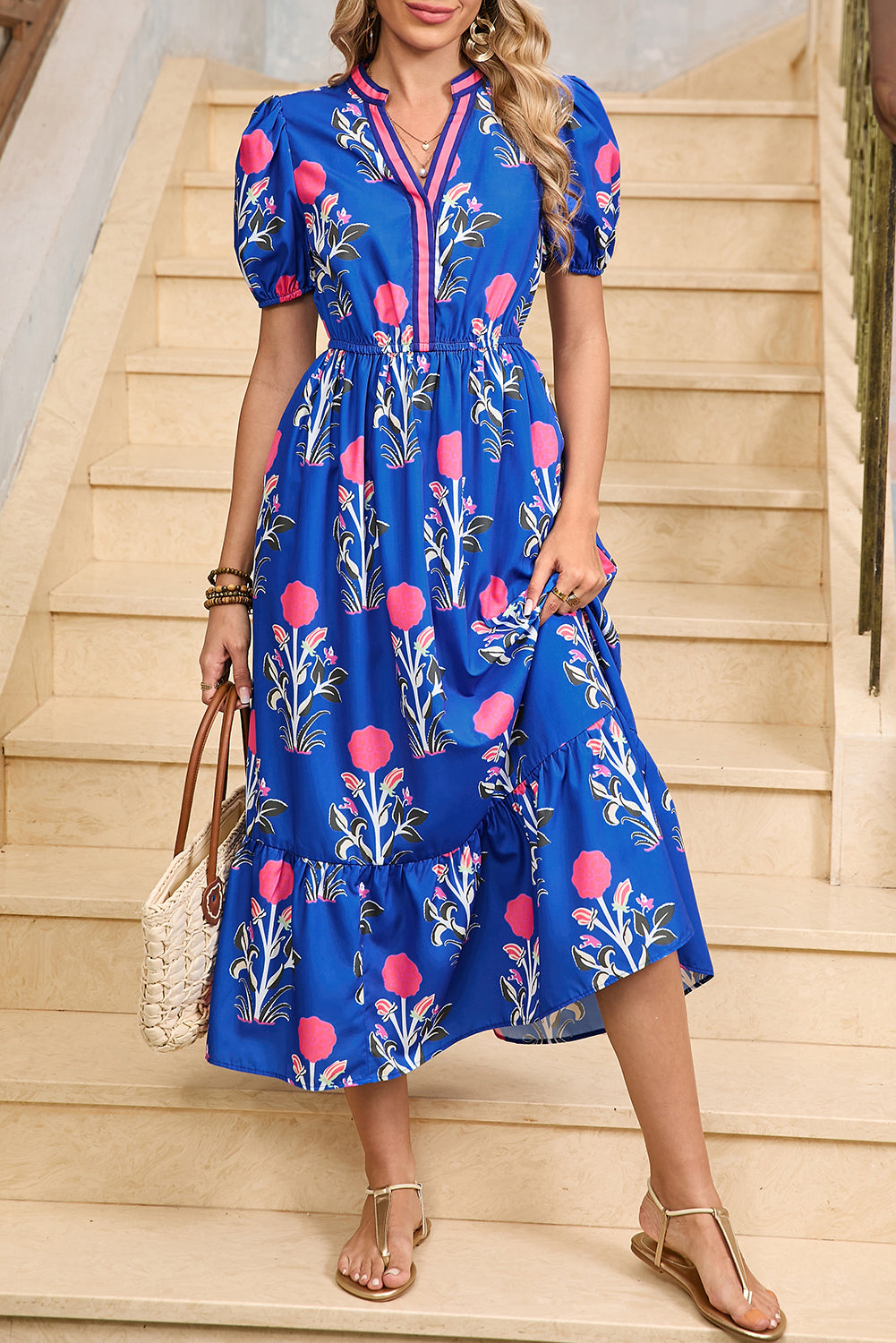 Floral Ruffle Hem Pop of Color Neckline Dress