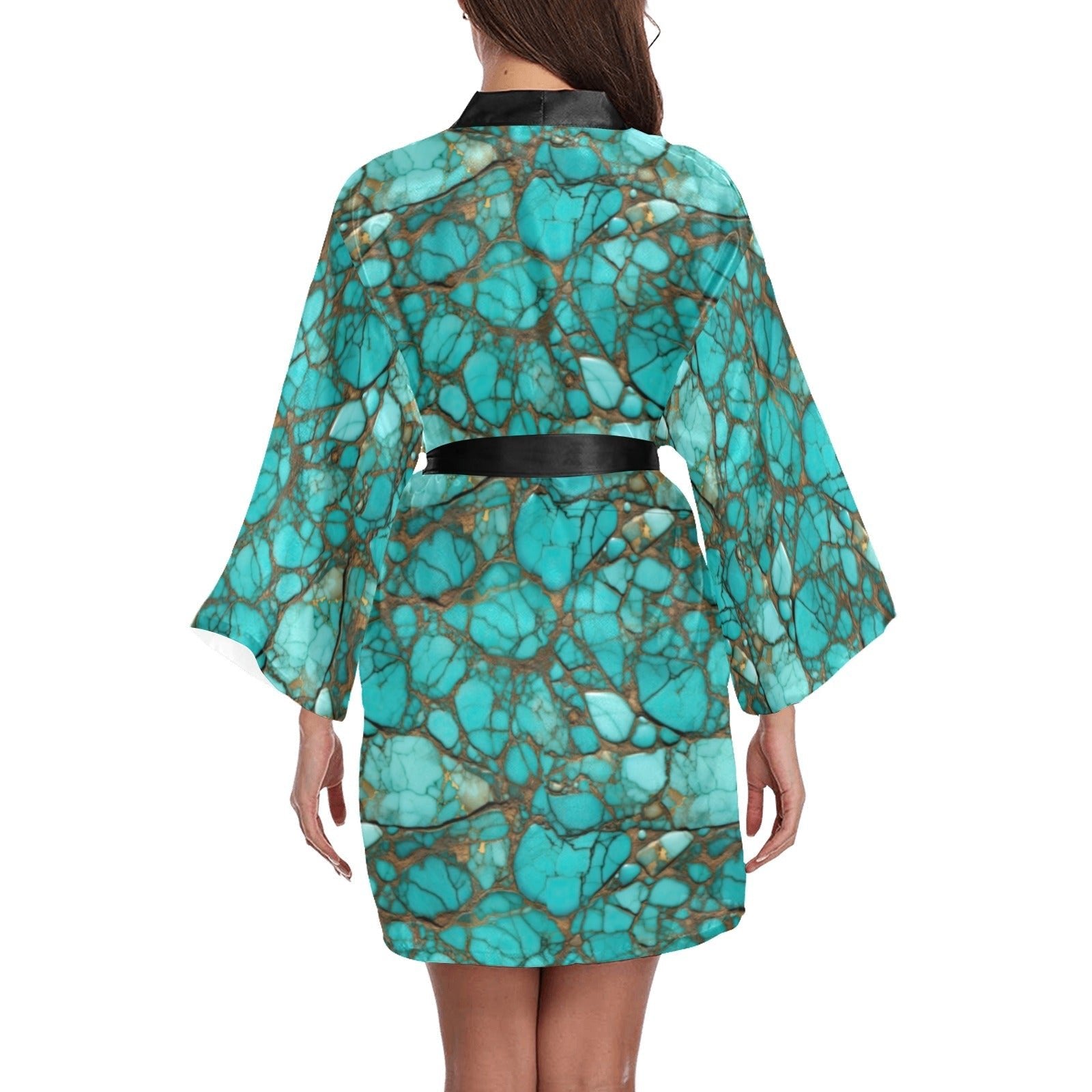 Baha Ranch All Turquoise Satin Kimono Sleeve Robe
