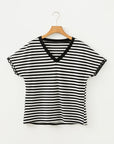 Stripe V-Neck Lace Trim Short Sleeve Tee