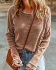 Solid Waffle Knit Round Neck Long Sleeve Top