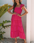 Stripe Smocked Bodice Flutter Sleeve Tiered Maxi Dress