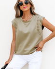 Julietta Studded Cap Sleeve Round Neck Top