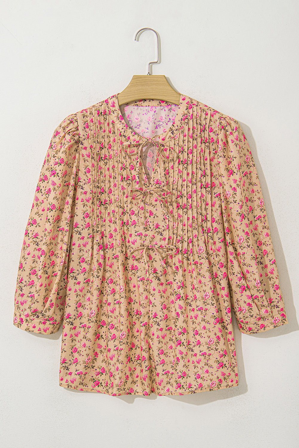 Sadie Floral Bow Pin-tuck Bust Half Puff Sleeve Blouse