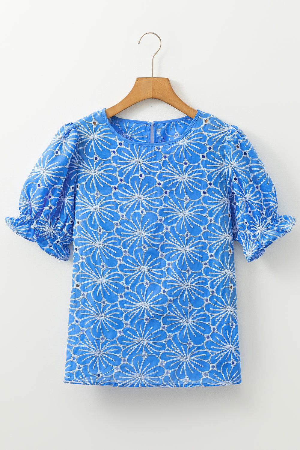 Eyelet Flower Embroidery Frilled Puff Sleeve Blouse