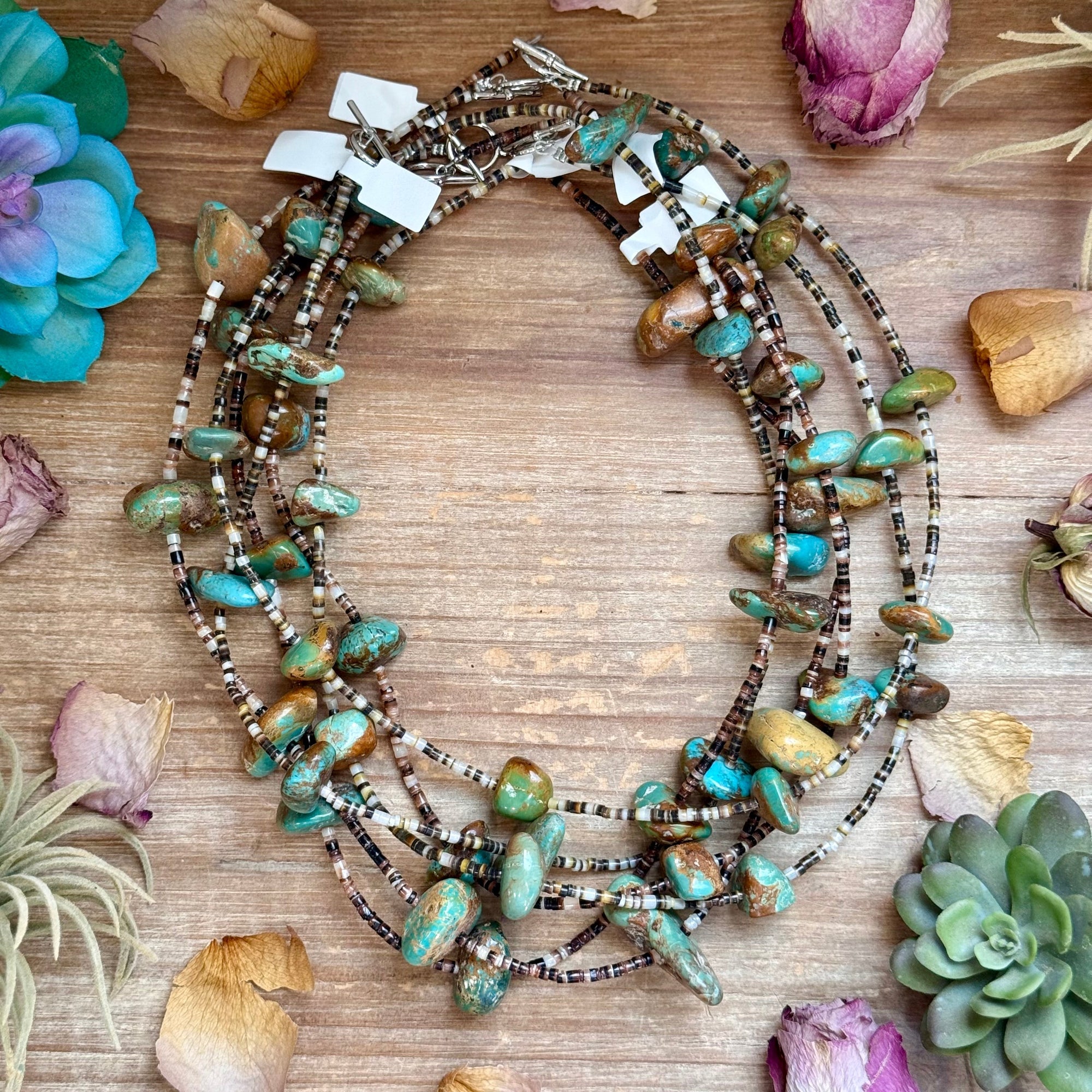 22” Chunky Turquoise &amp; Dark Brown Shell Heishi Necklace