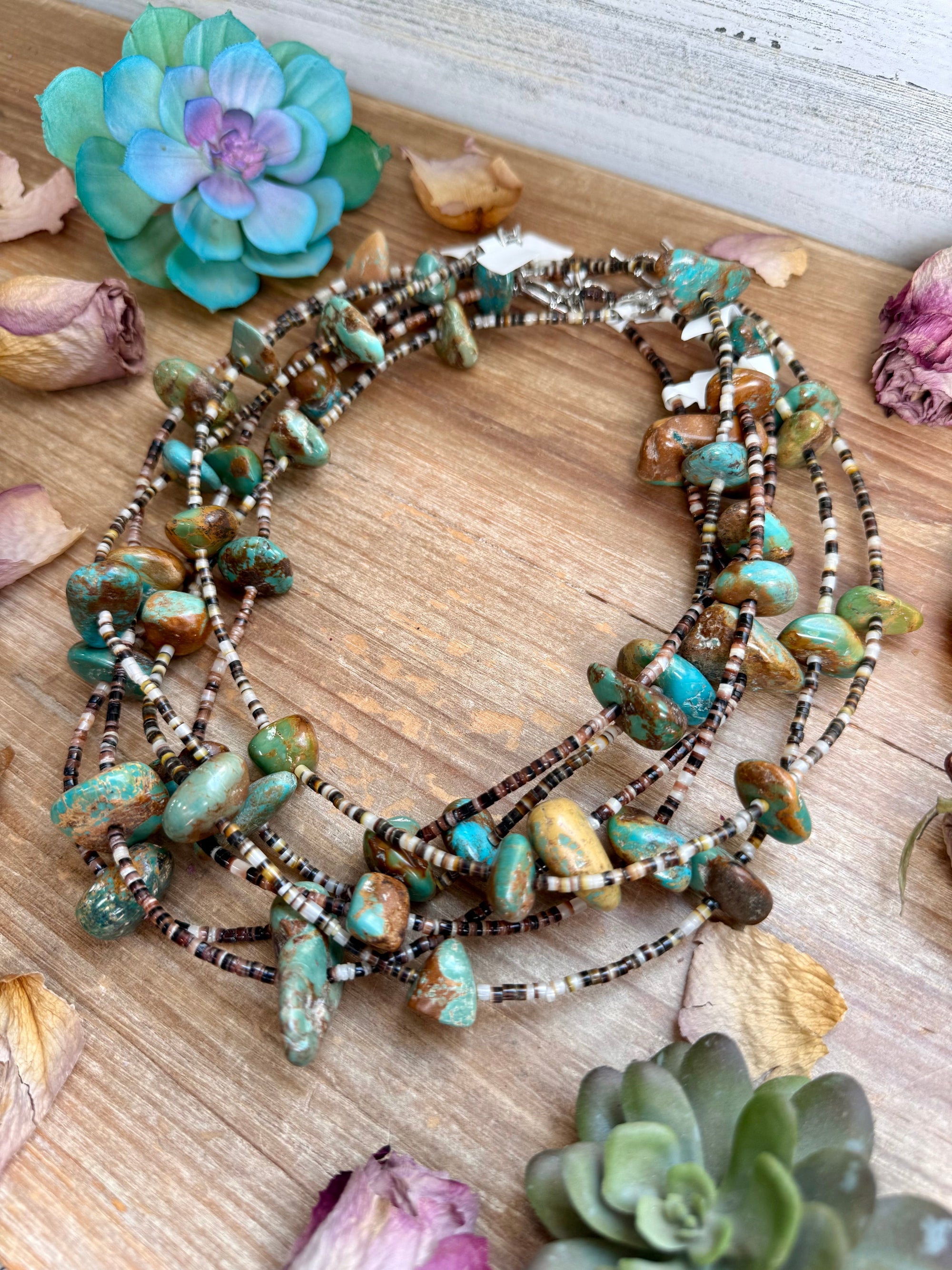 22” Chunky Turquoise &amp; Dark Brown Shell Heishi Necklace