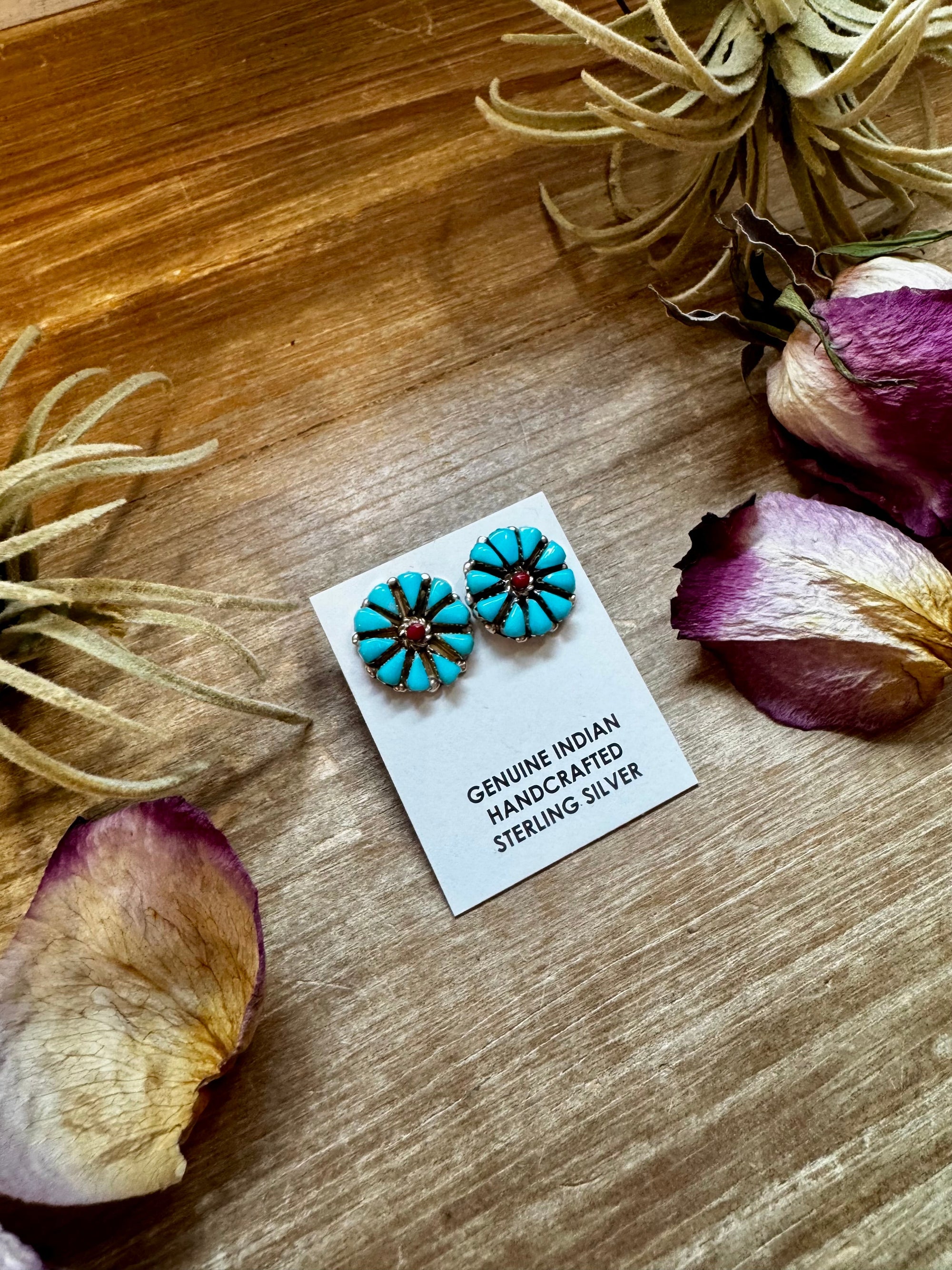Blue Magnesite Turquoise &amp; Red Cluster Stud Earrings