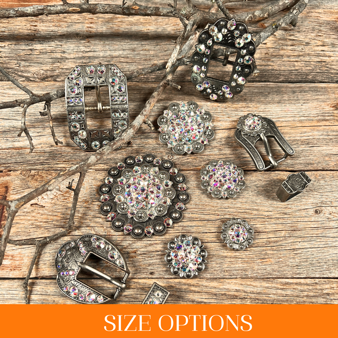 Antique Silver AB Crystal Conchos - Sizes from 1"- 3" and Buckles