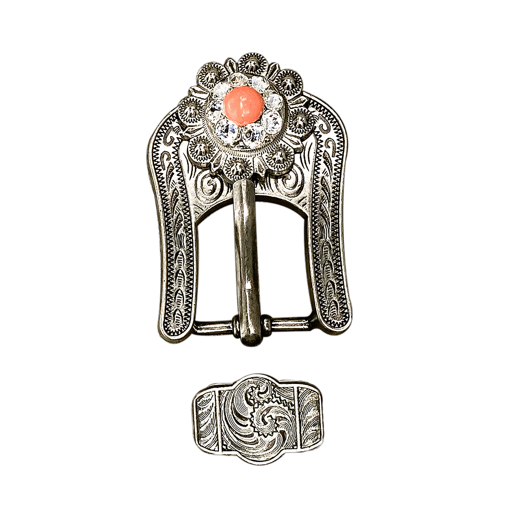Fashion Coral and Clear Antique Silver European Crystal Buckle and Keeper Set