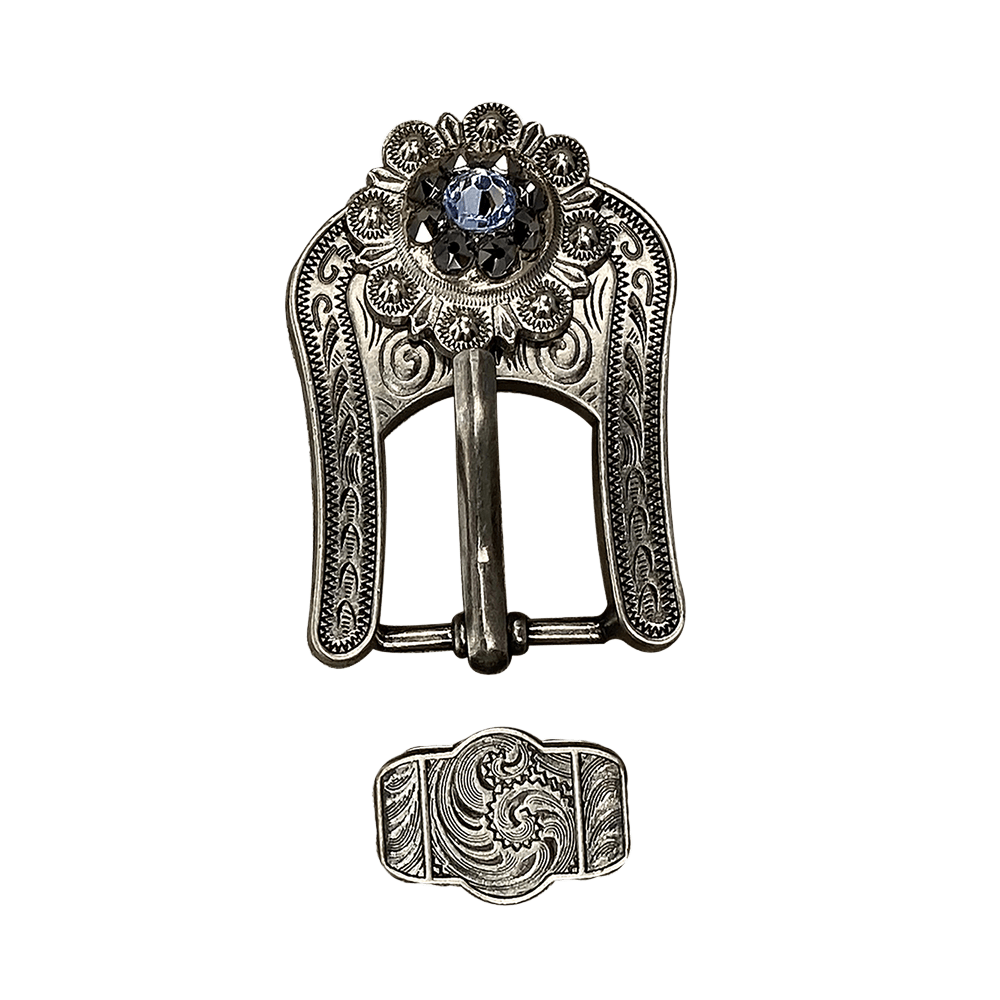 Light Sapphire &amp; Jet Antique Silver Buckle Keeper European Crystal Concho