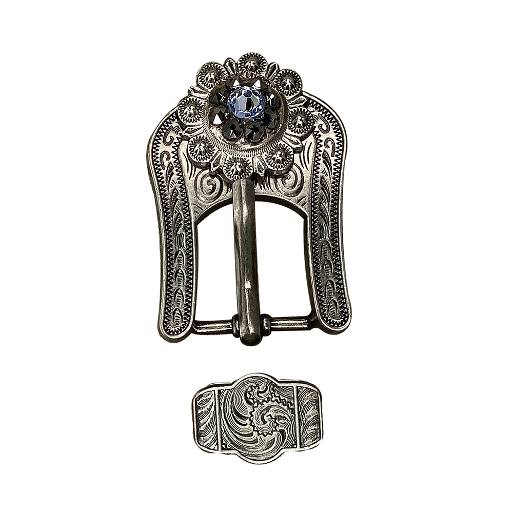 Antique Silver Light Sapphire, Jet Crystal Conchos - Sizes from 1"- 3" and Buckles
