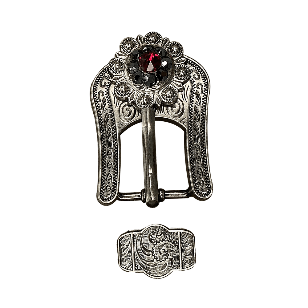 Ruby &amp; Jet Antique Silver European Crystal Buckle Keeper Set