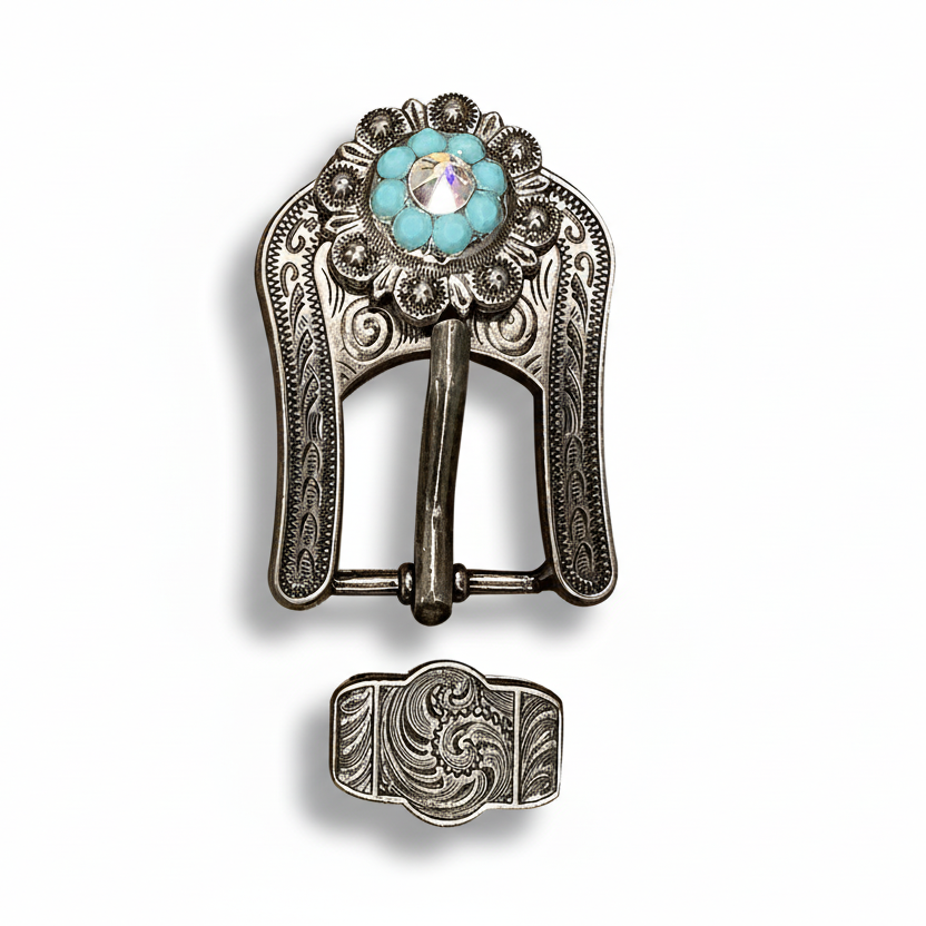 Antique Silver Turquoise, AB Crystal Conchos - Sizes from 1"- 3" and Buckles