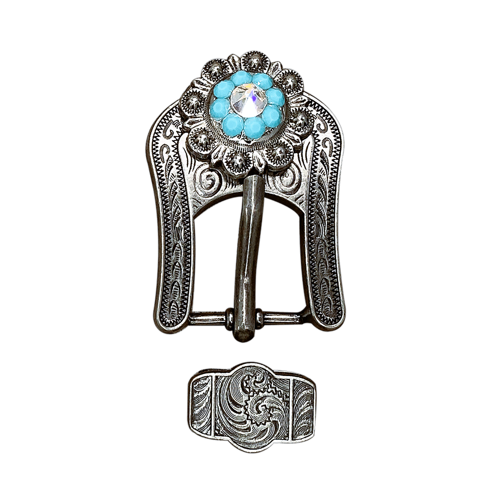 Turquoise &amp; AB Antique Silver European Crystal Buckle Keeper Set