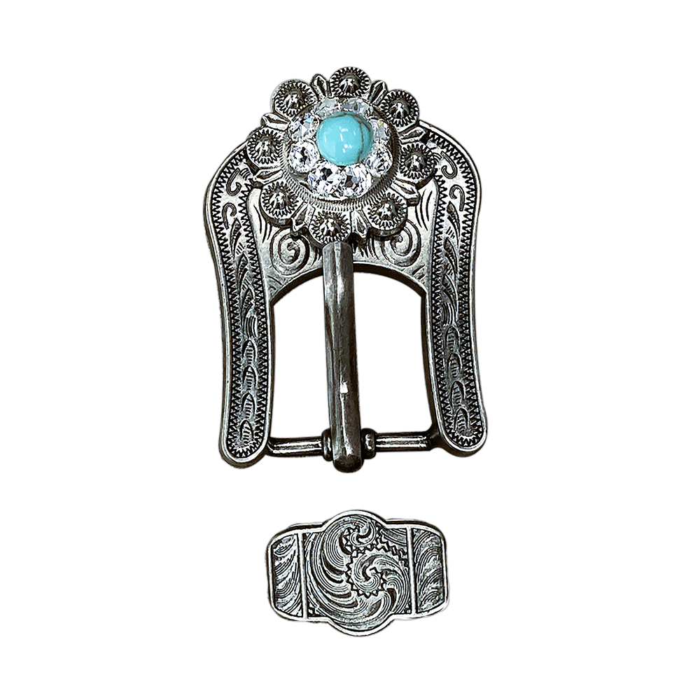 Fashion Turquoise and Clear Antique Silver European Crystal Buckle and Keeper Set