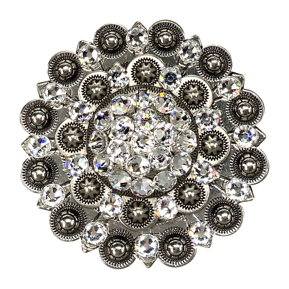 Antique Silver Clear Crystal Conchos - Sizes from 1"- 3" and Buckles