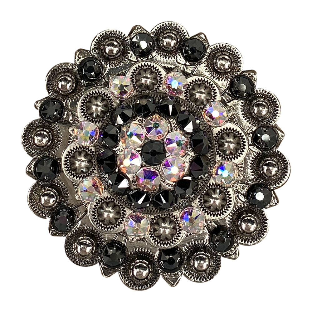 Antique Silver Jet, AB Crystal Conchos - Sizes from 1"- 3" and Buckles