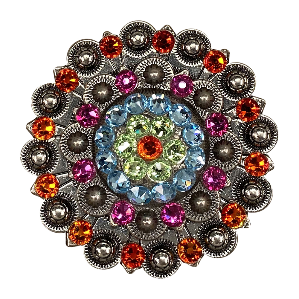 Antique Silver Tie Dye Crystal Conchos - Sizes from 1"- 3" and Buckles