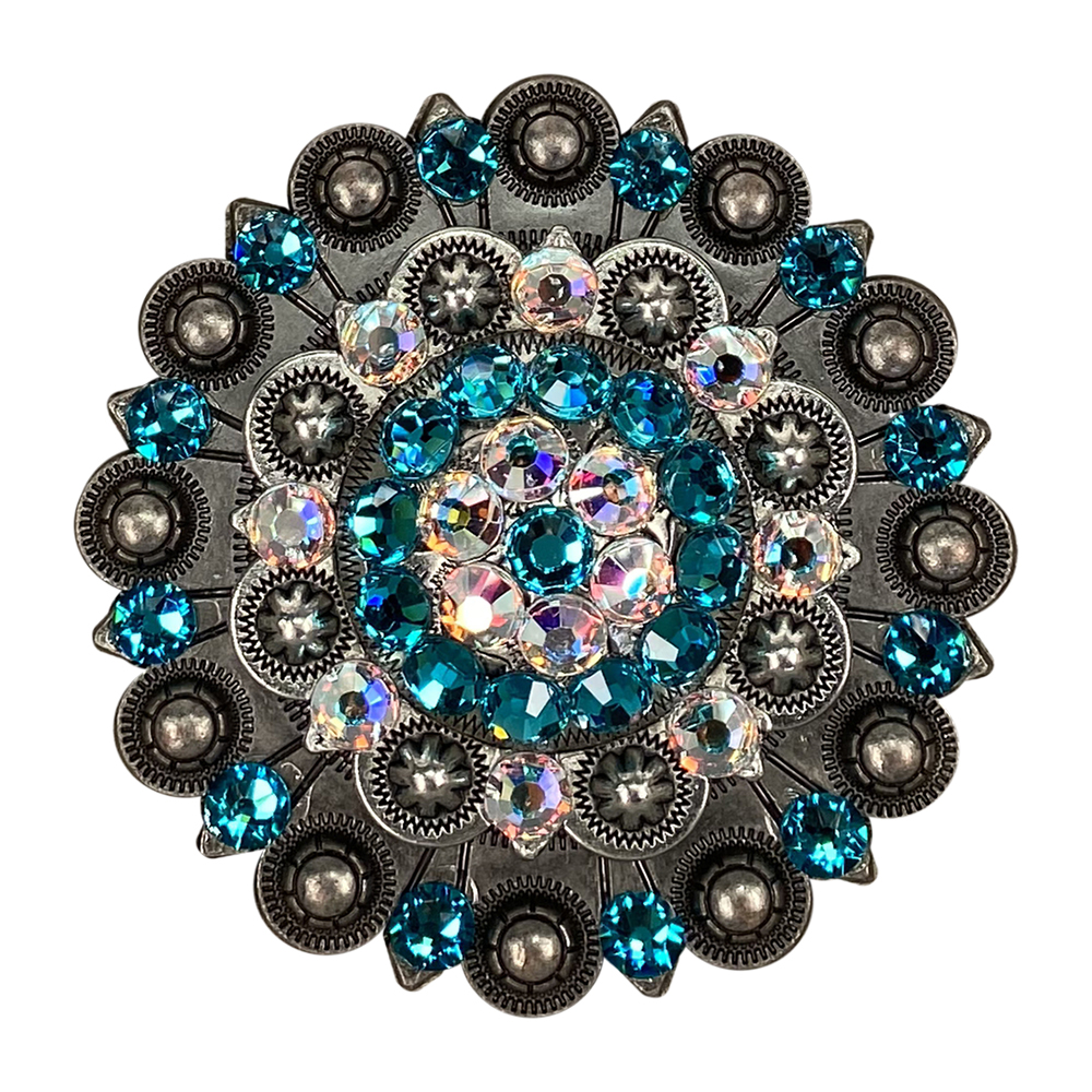 Antique Silver Teal, AB Crystal Conchos - Sizes from 1"- 3" and Buckles