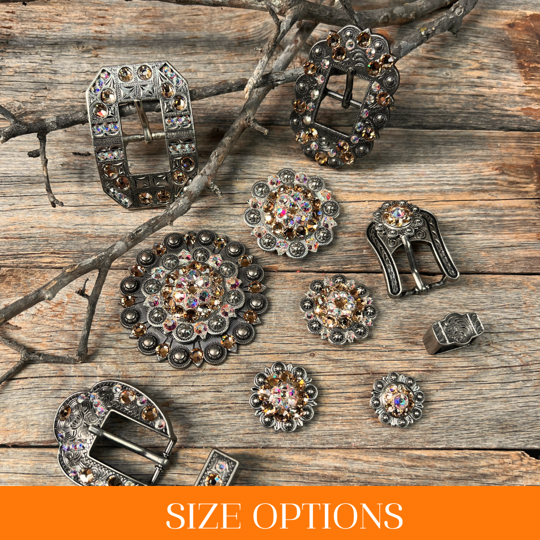 Antique Silver Champagne, AB Crystal Conchos - Sizes from 1"- 3" and Buckles