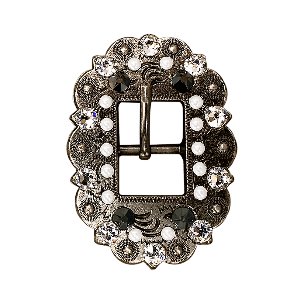 Jet, Pearl &amp; Clear Antique Silver European Crystal Cart Buckle