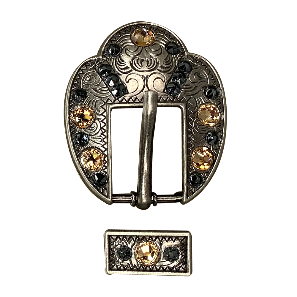 Antique Silver Champagne, Jet Crystal Conchos - Sizes from 1"- 3" and Buckles