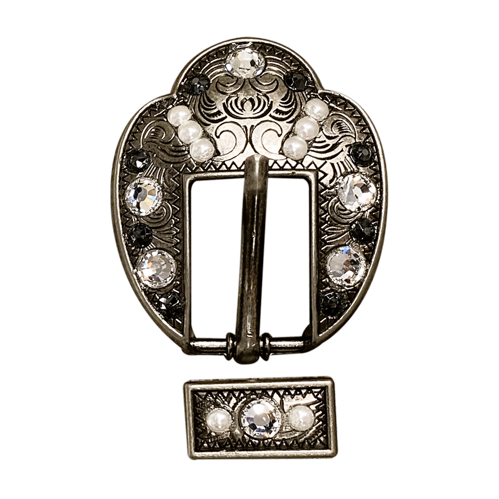 Jet, Pearl &amp; Clear Antique Silver European Crystal Fancy Buckle