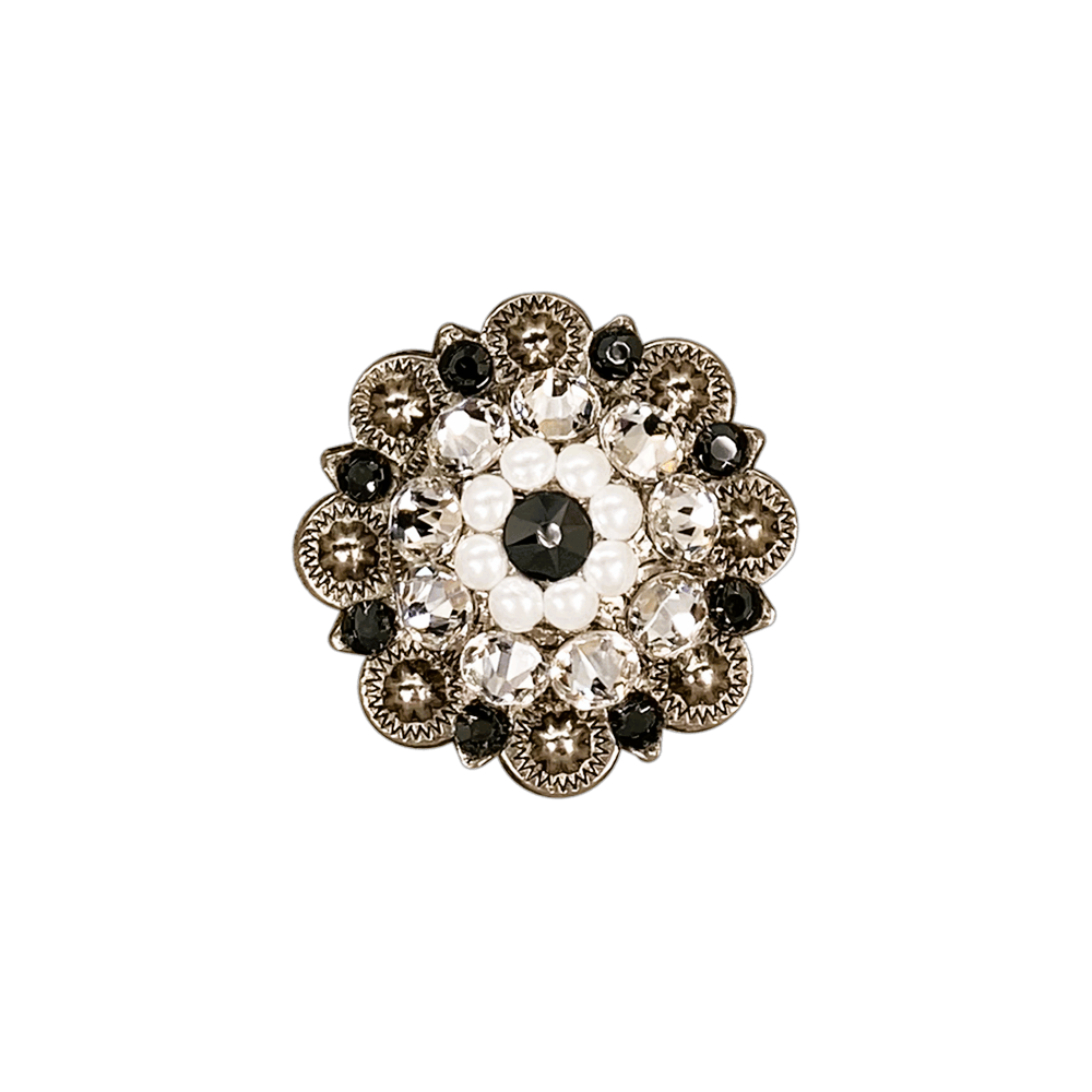 Jet, Pearl &amp; Clear Antique Silver 1.5" European Crystal Concho