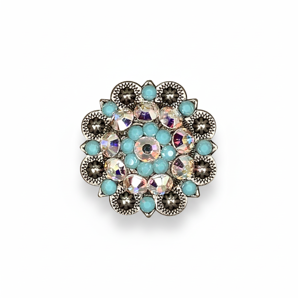 Antique Silver Turquoise, AB Crystal Conchos - Sizes from 1"- 3" and Buckles