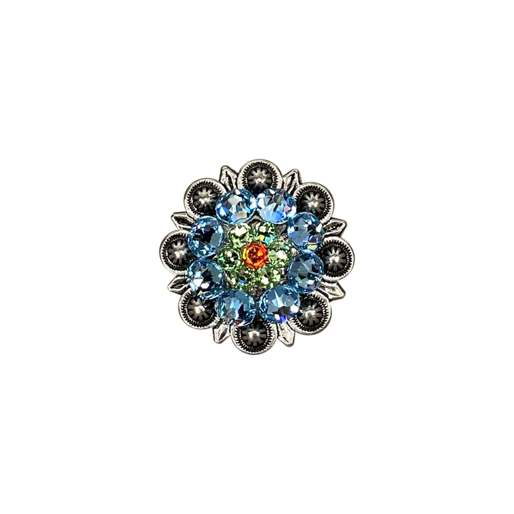 Antique Silver Tie Dye Crystal Conchos - Sizes from 1"- 3" and Buckles