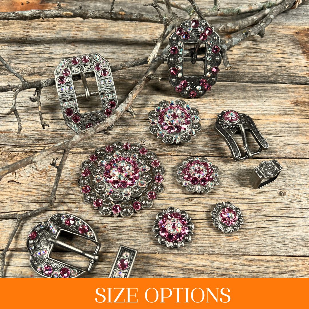 Antique Silver Pink, AB Crystal Conchos - Sizes from 1"- 3" and Buckles
