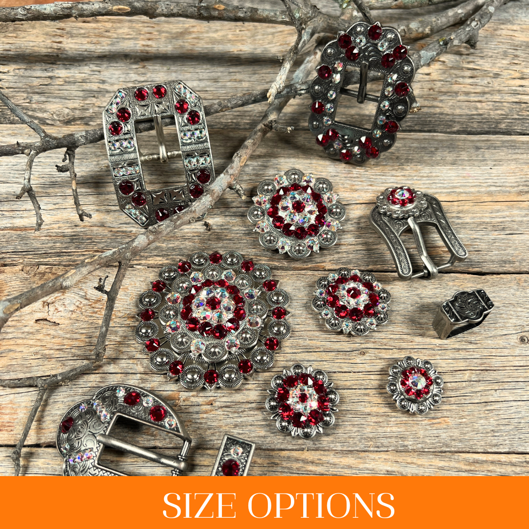 Antique Silver Ruby, AB Crystal Conchos - Sizes from 1"- 3" and Buckles