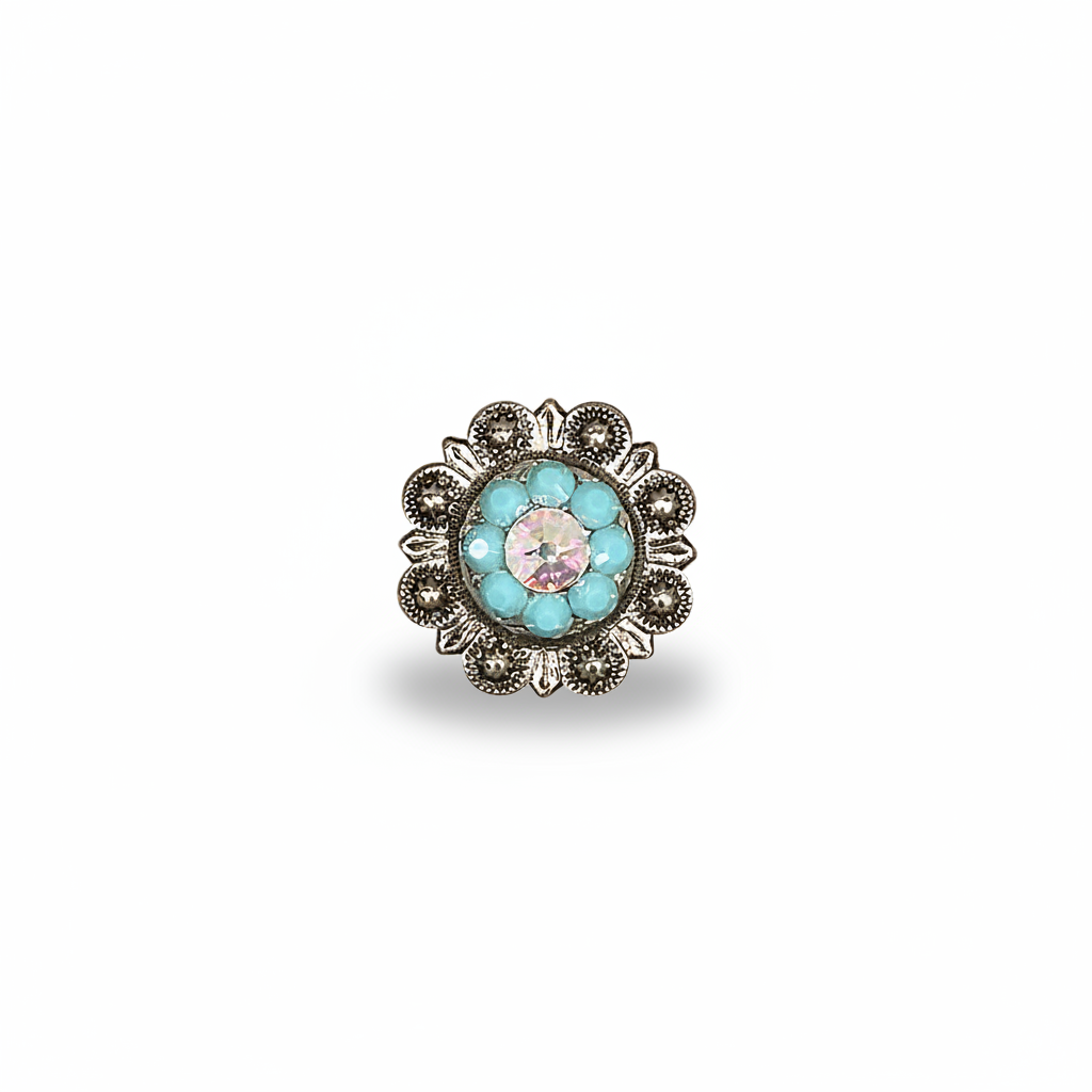 Antique Silver Turquoise, AB Crystal Conchos - Sizes from 1"- 3" and Buckles