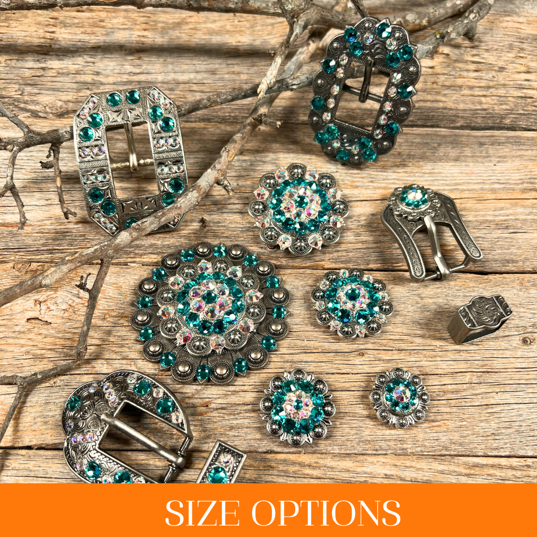 Antique Silver Teal, AB Crystal Conchos - Sizes from 1"- 3" and Buckles