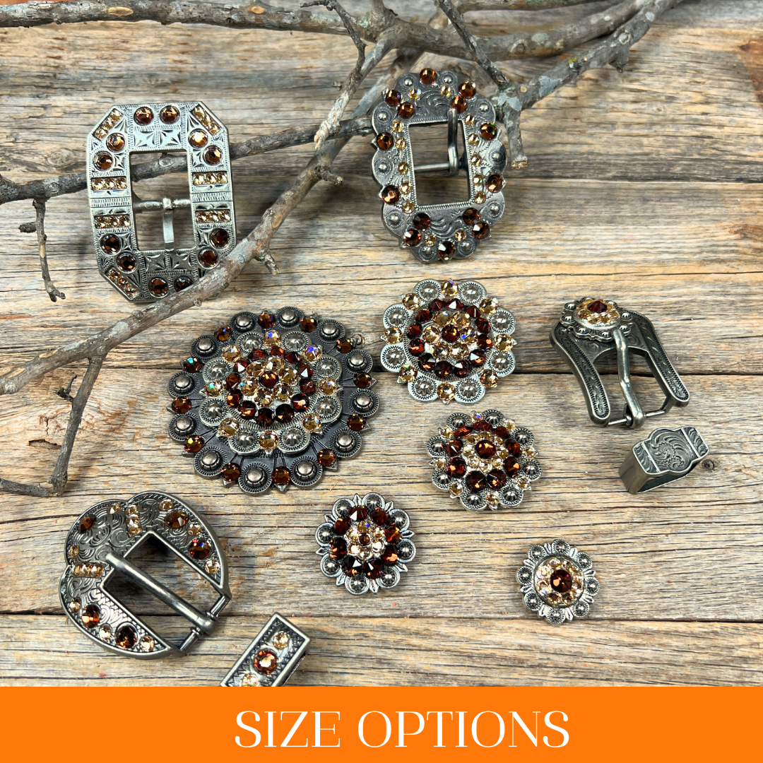 Antique Silver Topaz, Champagne Crystal Conchos - Sizes from 1"- 3" and Buckles