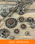 Antique Silver Topaz, Champagne Crystal Conchos - Sizes from 1"- 3" and Buckles