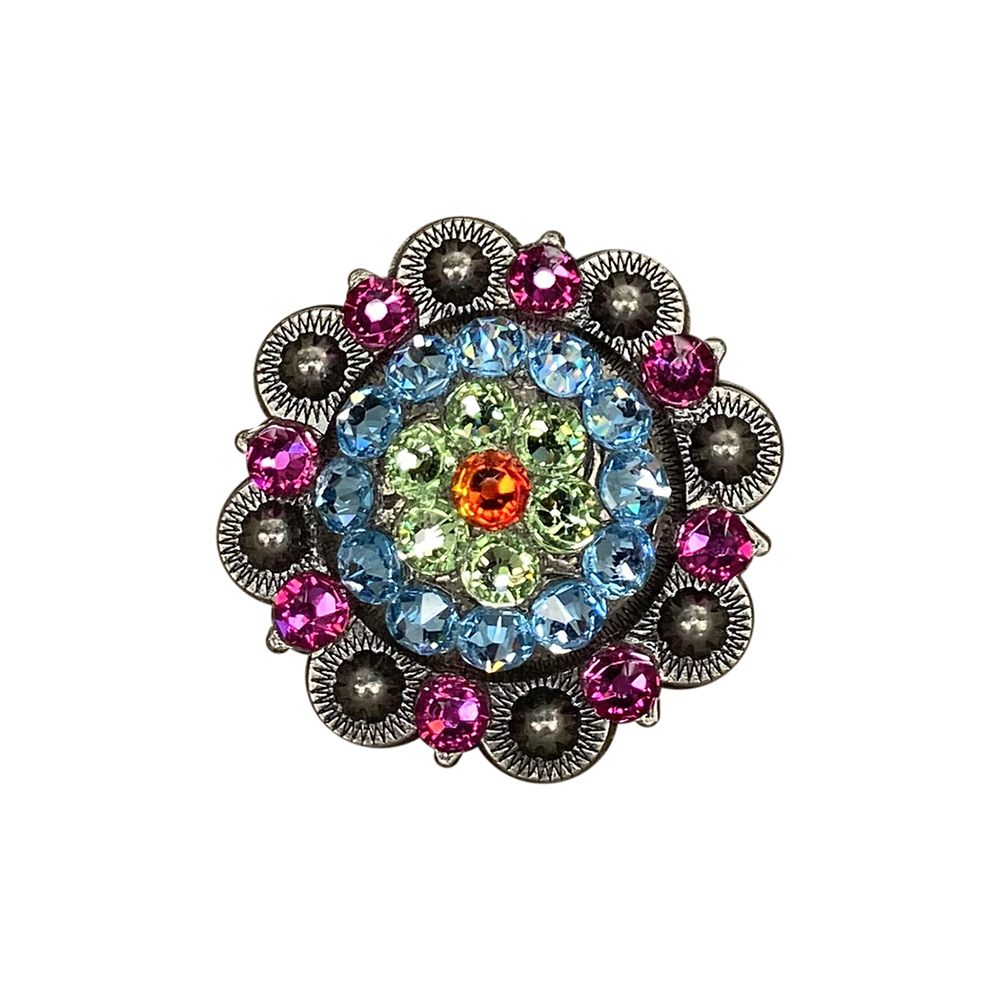 Antique Silver Tie Dye Crystal Conchos - Sizes from 1"- 3" and Buckles