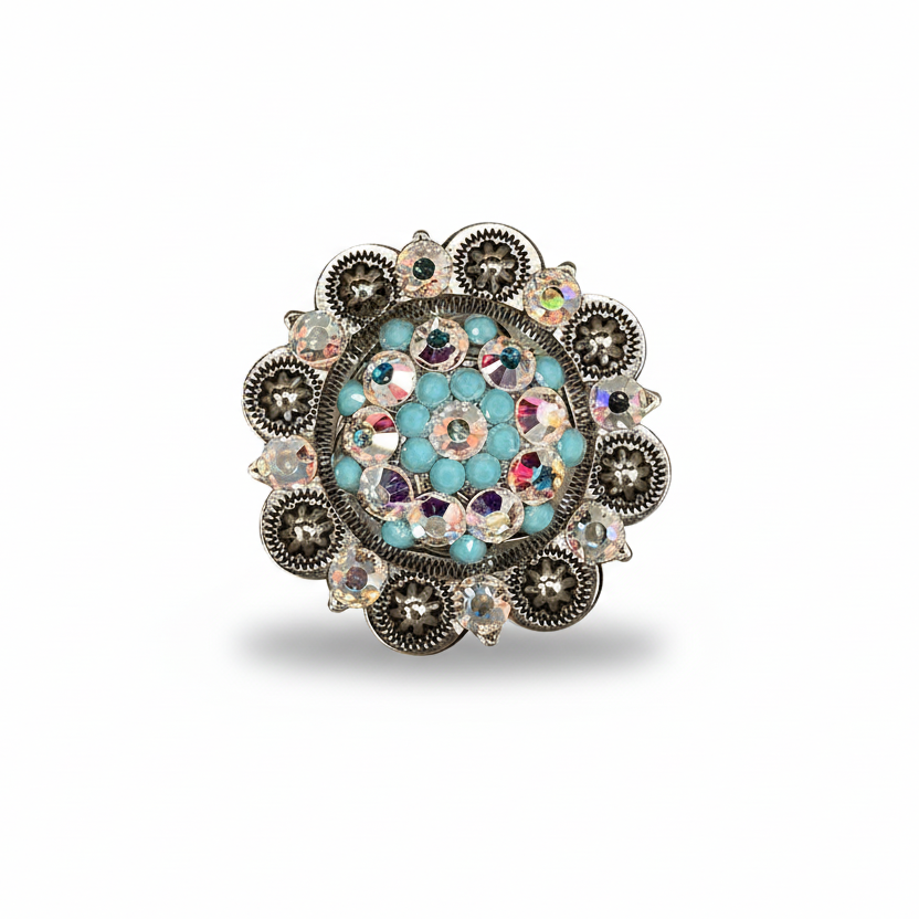 Antique Silver Turquoise, AB Crystal Conchos - Sizes from 1"- 3" and Buckles