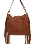 Brown Suede Fringe Beaded Handbag With Floral Embroidery And Textured Embellishments