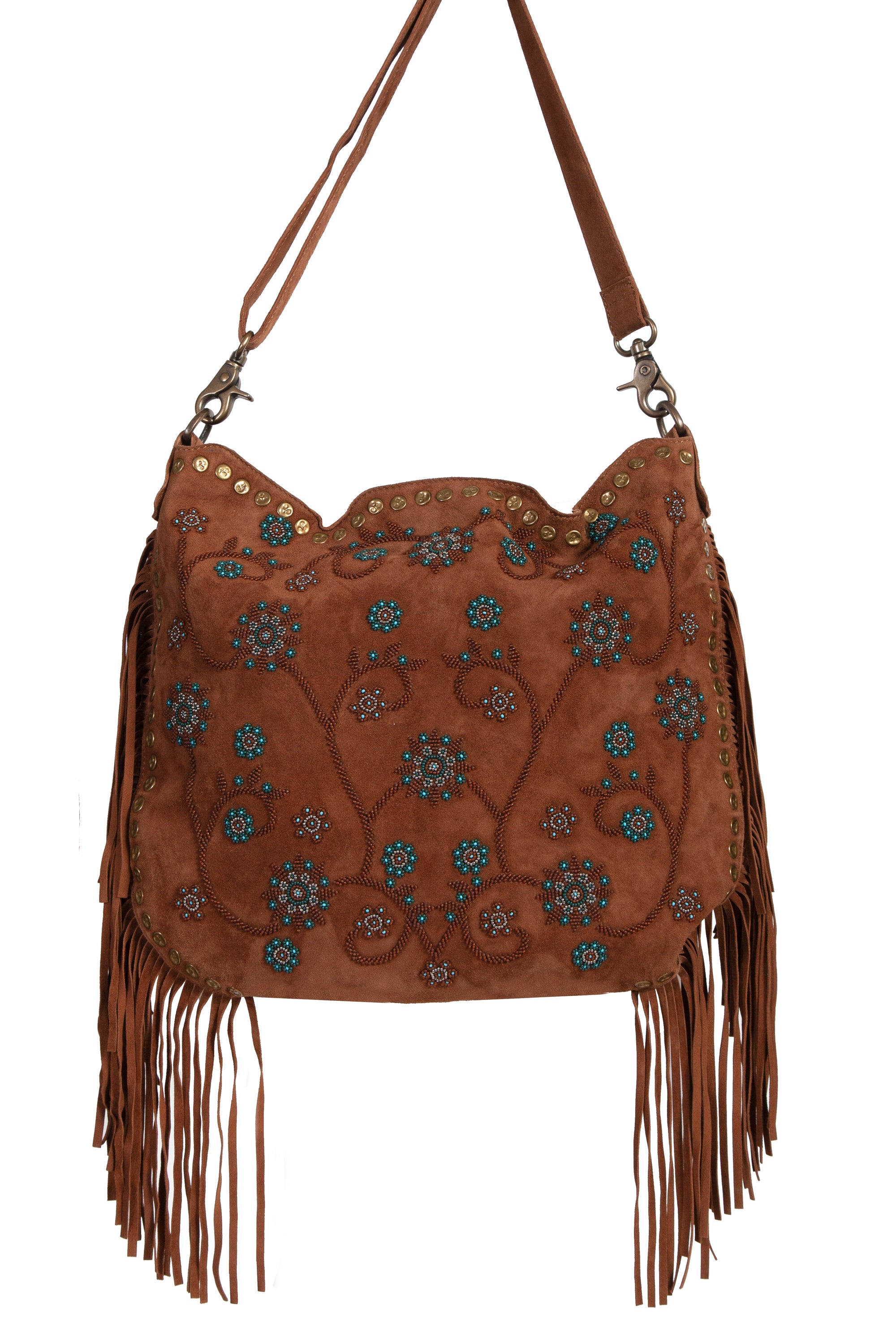 Brown Suede Fringe Beaded Handbag With Floral Embroidery And Textured Embellishments