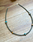 Kids necklace - 13” Turquoise & Spiny Oyster Necklace – 3–4mm Sterling Silver Pearls