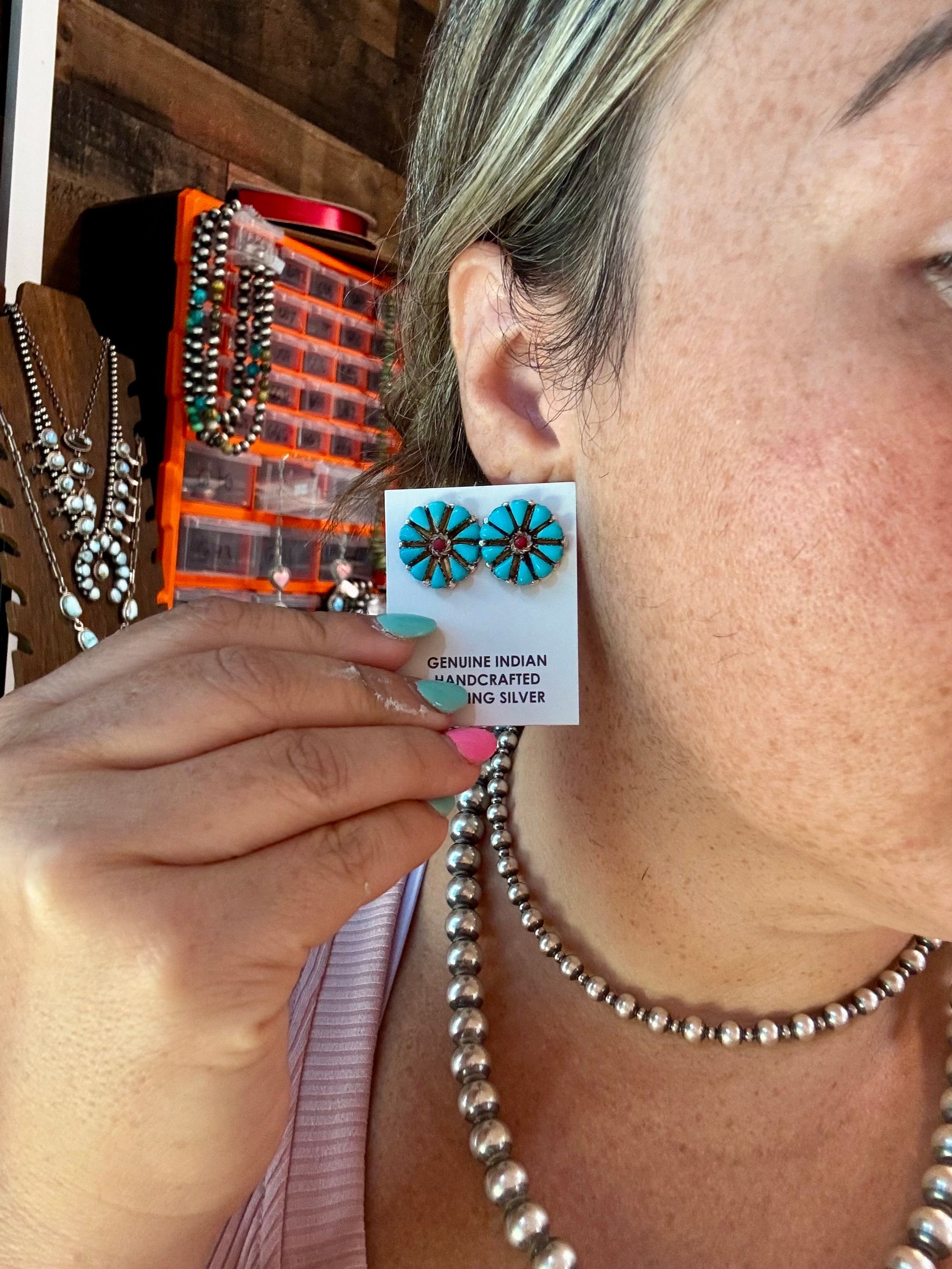 Blue Magnesite Turquoise &amp; Red Cluster Stud Earrings