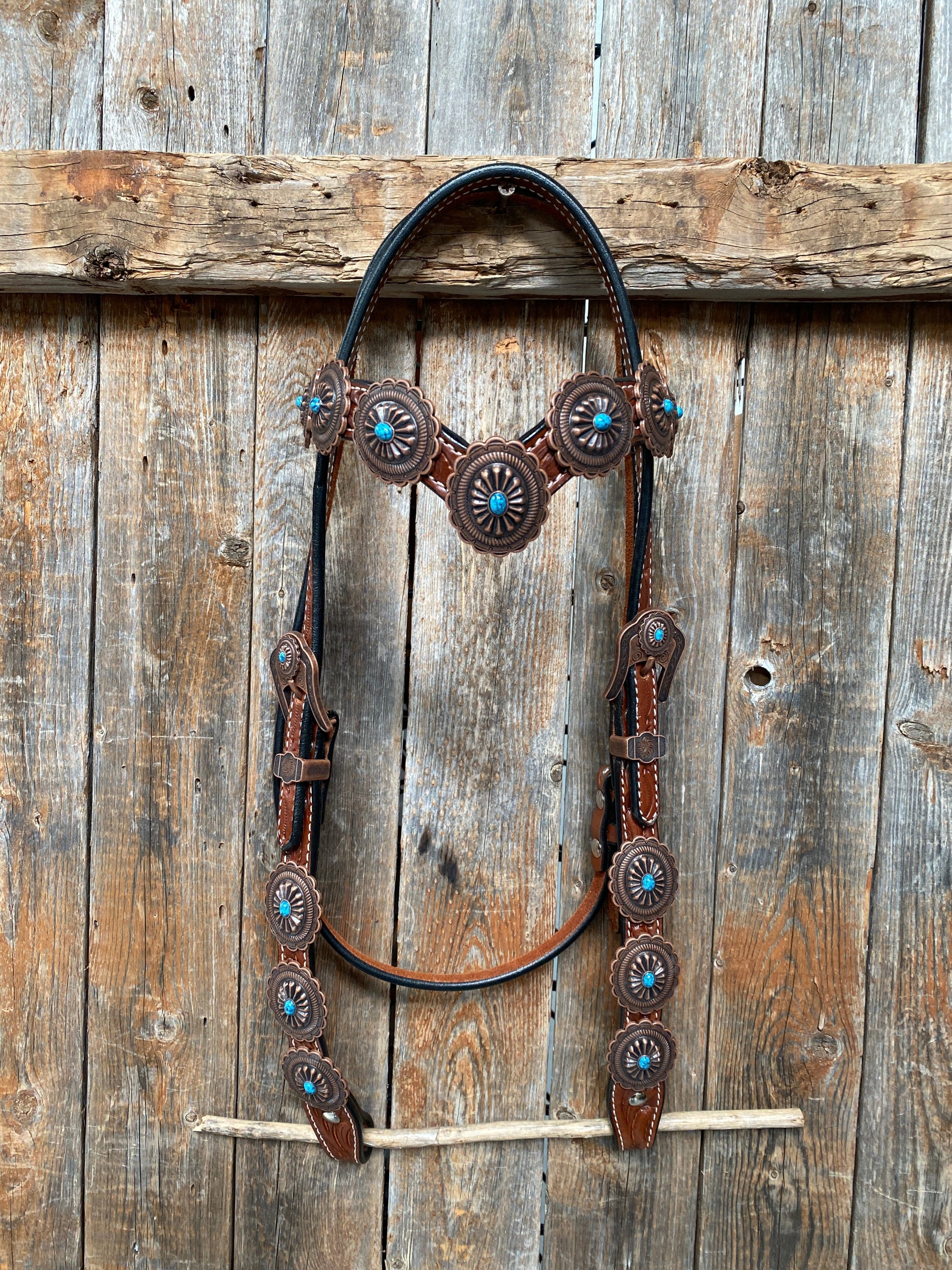 Medium Oil Navajo Style Copper Turquoise Browband &amp; Breastcollar Tack Set 