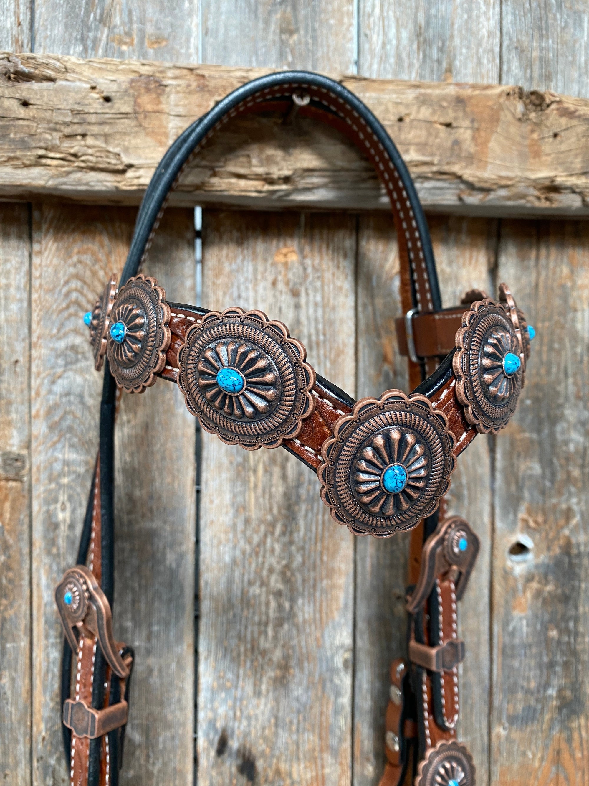 Medium Oil Navajo Style Copper Turquoise Browband &amp; Breastcollar Tack Set 