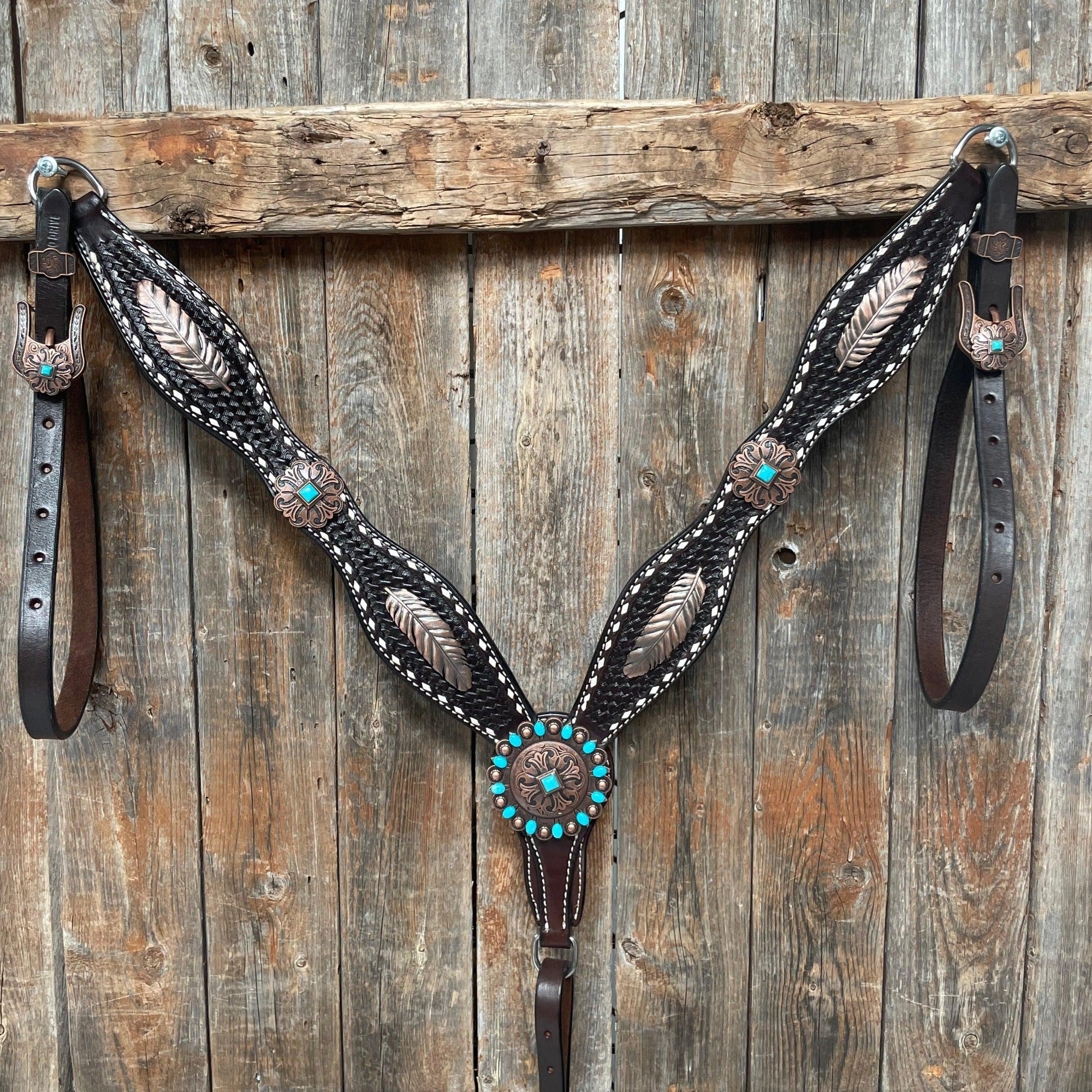 Dark Oil Buckstitch Copper and Turquoise Browband / One Ear / Breastcollar Buckstitch Tack Set 