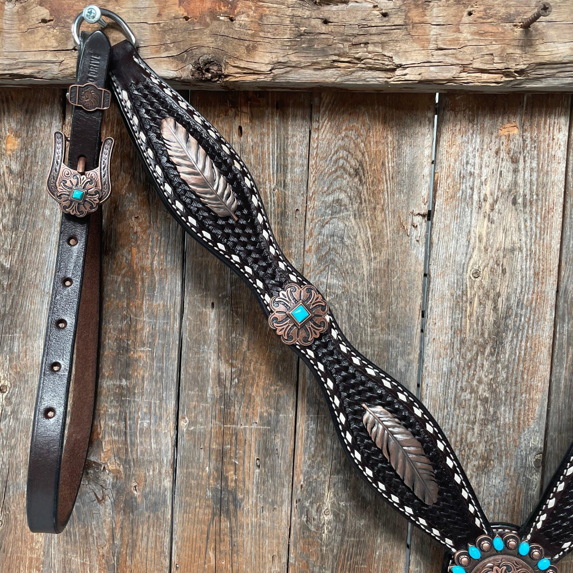 Dark Oil Buckstitch Copper and Turquoise Browband / One Ear / Breastcollar Buckstitch Tack Set 