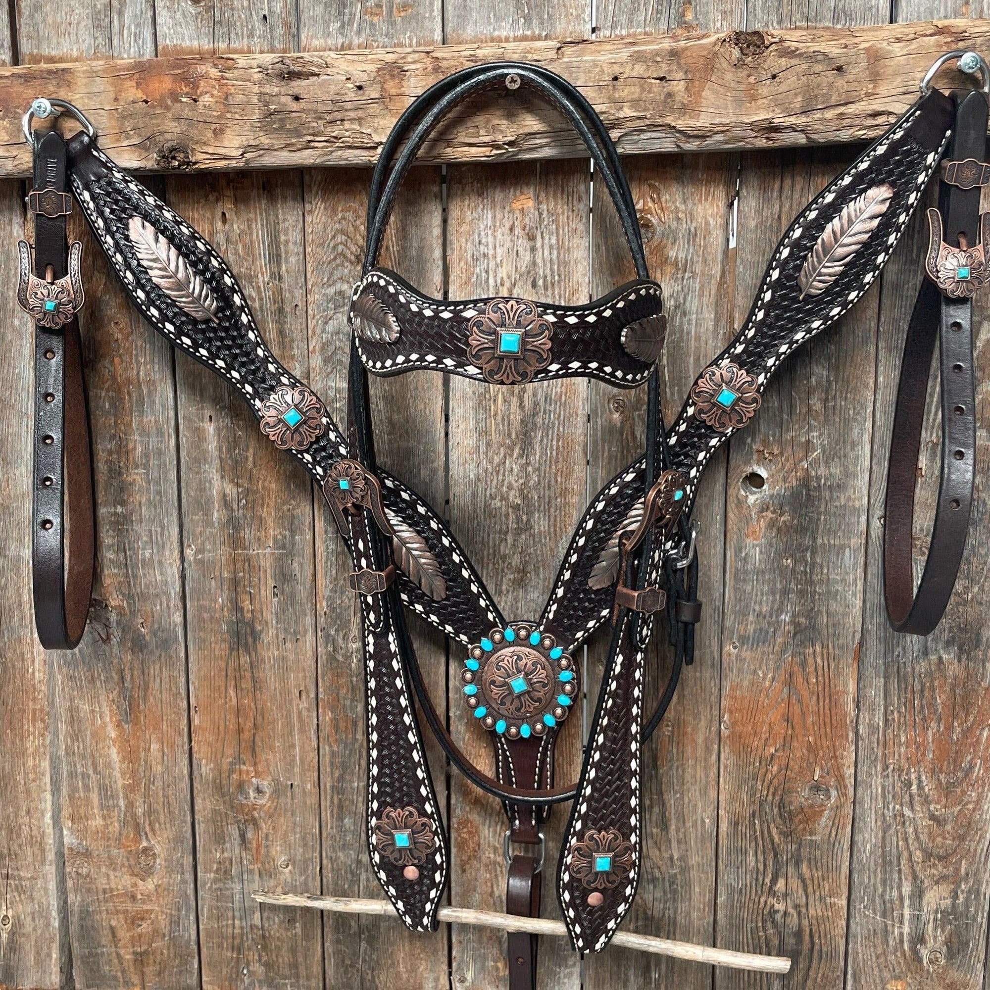 Dark Oil Buckstitch Copper and Turquoise Browband / One Ear / Breastcollar Buckstitch Tack Set 