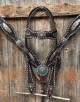 Dark Oil Buckstitch Copper and Turquoise Browband / One Ear / Breastcollar Buckstitch Tack Set 